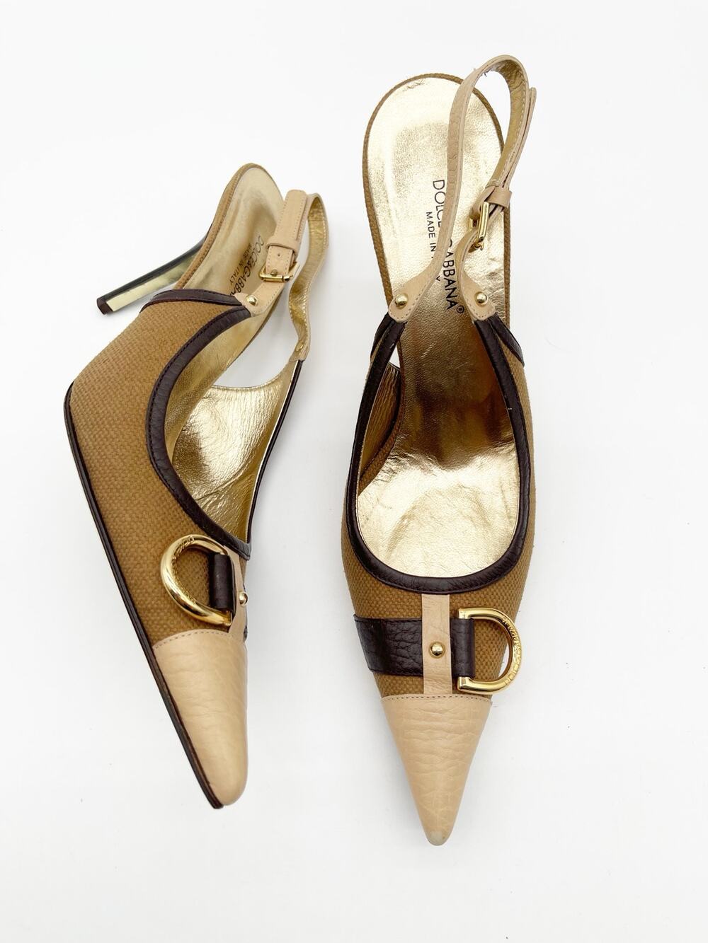 Dolce Gabbana Retro Tan Canvas Pointed Cap Toe Buckle Slingback Heels IT 41